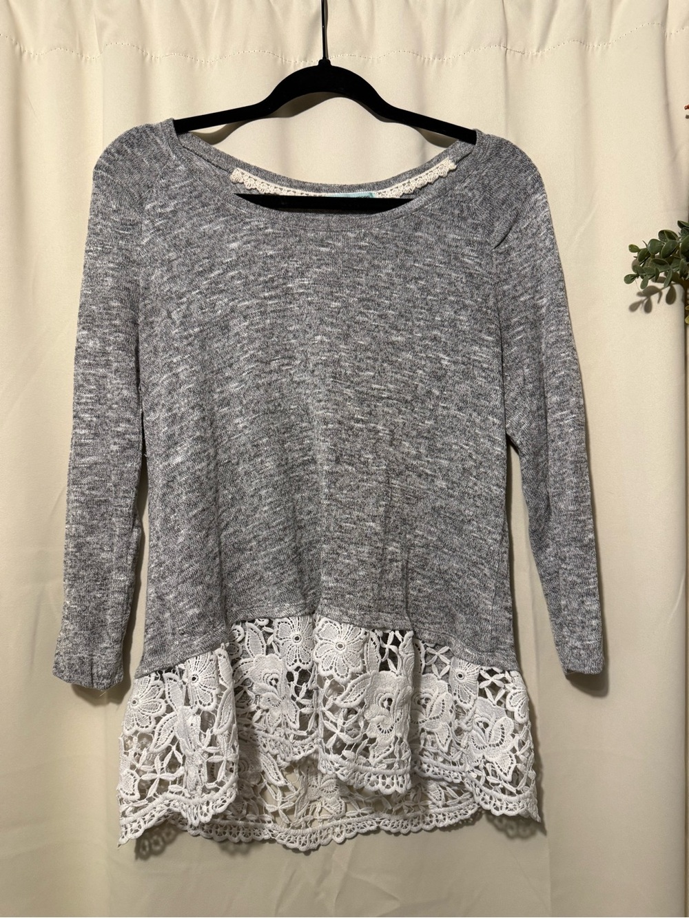 Maurices Gray Knit Top with White Lace Trim